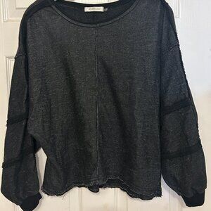 Mustard Seed Boho Sweater Black Heather Textured Sleeve Raw Hem Asymmetrical -S